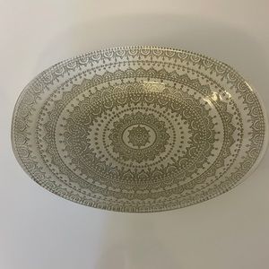Oval Bowl Glass Metallic Silver White Patterned Fruit Serving Decor Never Used